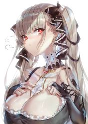 Rule 34 | azur lane, between breasts, black dress, breasts, cleavage, commentary, dress, emoillu, formidable (azur lane), frilled dress, frills, large breasts, platinum blonde hair, pout, red eyes, simple background, solo, twintails, two-tone dress, two-tone ribbon, upper body, white background