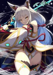 Rule 34 | 1girl, animal ear fluff, animal ears, blunt bangs, catalyst scimitar, closed mouth, dark background, detached sleeves, flower, gloves, grey hair, highleg, highleg leotard, highres, holding, holding sword, holding weapon, igayan, leotard, long hair, looking to the side, low twintails, nia (blade) (xenoblade), nia (xenoblade), smile, solo, sword, thighhighs, twintails, v-shaped eyebrows, weapon, white gloves, white leotard, white thighhighs, wide hips, xenoblade chronicles (series), xenoblade chronicles 2, yellow eyes