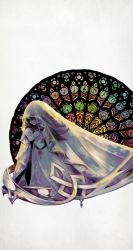 Rule 34 | 1girl, brown hair, deemo, closed eyes, girl (deemo), highres, musical note, official art, platinum (deemo), praying, profile, solo, stained glass, standing, trefoil, veil