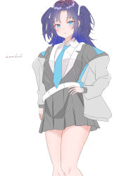 Rule 34 | 1girl, absurdres, belt, blue archive, blue eyes, blue necktie, blush, collared shirt, feet out of frame, grey skirt, highres, jacket, looking at viewer, miniskirt, necktie, off shoulder, open clothes, open jacket, pleated skirt, purple hair, sakurai nana (moshichi), shirt, simple background, skirt, solo, twitter username, two-sided fabric, two-sided jacket, two side up, white background, white belt, white shirt, yuuka (blue archive)