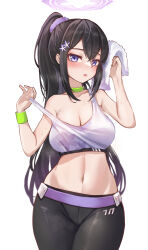 Rule 34 | 1girl, absurdres, bare arms, bare shoulders, black hair, black pants, blue archive, blush, breasts, choker, cleavage, collarbone, cowboy shot, flower, fluffyebi01, hair flower, hair ornament, halo, highres, holding, holding towel, large breasts, long hair, looking at viewer, midriff, navel, pants, ponytail, purple eyes, simple background, solo, sports bra, stomach, sumire (blue archive), sweat, sweatband, towel, very long hair, white background, white sports bra, yoga pants