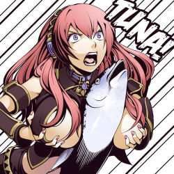 Rule 34 | 1girl, text background, between breasts, breast lift, breasts squeezed together, breasts, constricted pupils, fish, hard-translated, huge breasts, long hair, lowres, megurine luka, nail polish, open mouth, paizuri, parody, penis, pink hair, purple eyes, screaming, solo, text focus, third-party edit, torigoe takumi, translated, tuna, vocaloid, what