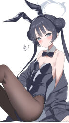 1girl animal_ears bare_shoulders black_hair black_leotard black_pantyhose blue_archive blush bow bowtie breasts coat covered_navel detached_collar ev_(dai00888) fake_animal_ears grey_coat grey_eyes grey_hair hair_bun highleg highleg_leotard highres jacket kisaki_(blue_archive) leotard looking_at_viewer off_shoulder pantyhose playboy_bunny rabbit_ears simple_background small_breasts solo strapless strapless_leotard striped_clothes striped_jacket vertical-striped_clothes vertical-striped_jacket white_background wrist_cuffs