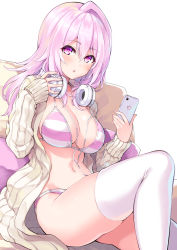 Rule 34 | 1girl, bikini, blush, breasts, cable, cardigan, cellphone, cu-no, headphones, hisen kaede, large breasts, long hair, looking at viewer, navel, open cardigan, open clothes, open mouth, phone, pink hair, purple eyes, simple background, sleeves past wrists, smartphone, solo, striped bikini, striped clothes, swimsuit, thighhighs, white background, yayoi sakura