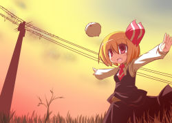 Rule 34 | 1girl, ascot, blonde hair, bush, commentary request, facing away, fang, goma (gomasamune), grass, hair ornament, hair ribbon, kedama (touhou), long sleeves, open mouth, outstretched arms, red eyes, ribbon, rumia, short hair, skirt, skirt set, sky, smile, solo, spread arms, sunken cheeks, touhou, twilight, utility pole