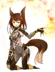 Rule 34 | 1girl, :p, animal ears, armor, bad id, bad pixiv id, black hair, bodysuit, breasts, claws, cleavage, fire, fox ears, fox tail, ganesagi, gauntlets, highres, kneeling, original, red eyes, short hair, solo, tail, tongue, tongue out