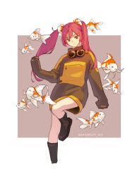 Rule 34 | 1girl, absurdres, black footwear, boots, brown shirt, closed mouth, commentary request, fish, goggles, goggles around neck, goldfish, highres, long sleeves, looking at viewer, original, red eyes, red hair, satoko77, shirt, simple background, sleeves past fingers, sleeves past wrists, solo, standing, standing on one leg, twintails, twitter username