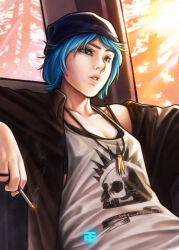 Rule 34 | 1girl, absurdres, artist logo, beanie, black hat, blue eyes, blue hair, car interior, chloe price, christt, cigarette, day, hat, highres, holding, holding cigarette, jacket, jewelry, life is strange, necklace, open clothes, open jacket, print tank top, short hair, sitting, skull print, solo, tank top, upper body, watermark, white tank top