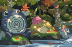 Rule 34 | autumn leaves, commentary request, creatures (company), day, closed eyes, game freak, gen 1 pokemon, gen 2 pokemon, holding, holding leaf, hoppip, leaf, lying, moss, nintendo, no humans, on stomach, outdoors, pokemon, pokemon (creature), poliwag, poliwhirl, ponimu, psyduck, shadow, sitting, sleeping, swimming, water