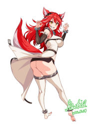 Rule 34 | 1girl, animal ears, ass, breasts, claw pose, commission, dated, fangs, fenrir (last origin), from behind, full body, grin, highres, large breasts, last origin, long hair, looking at viewer, looking back, microskirt, rantia, red hair, signature, simple background, skirt, smile, solo, spats (footwear), tail, thighhighs, white background, white thighhighs, wolf ears, wolf girl, wolf tail, yellow eyes