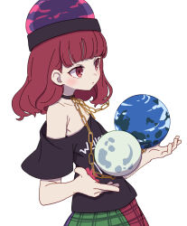 Rule 34 | 1girl, absurdres, black hat, black shirt, blush, chain, closed mouth, clothes writing, earth (ornament), hat, hecatia lapislazuli, highres, kame (kamepan44231), long hair, moon (ornament), multicolored clothes, multicolored skirt, off-shoulder shirt, off shoulder, red eyes, red hair, shirt, short sleeves, simple background, skirt, solo, t-shirt, touhou, white background