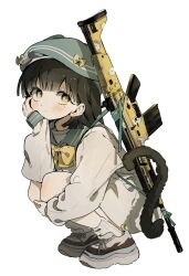 Rule 34 | 1girl, adaptive combat rifle, assault rifle, black hair, black tail, blue hat, blue sailor collar, blush, bow, bowtie, cat tail, closed mouth, dress, full body, gun, hat, hat bow, head rest, highres, long sleeves, looking at viewer, medium hair, mole, mole under eye, mormormorp, original, rifle, sailor collar, sailor dress, shoes, simple background, smile, sneakers, socks, solo, squatting, tail, weapon, white background, white dress, white socks, yellow bow, yellow bowtie, yellow eyes