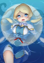 Rule 34 | 1girl, absurdres, afloat, belt, blonde hair, blue eyes, breasts, bright pupils, commentary request, cowboy shot, crescent, cropped legs, diamond-shaped pupils, diamond (shape), dress, fantasy life, floating breasts, highres, jewelry, kurushima gire, light blush, long hair, looking at viewer, mantle, medium breasts, necklace, open mouth, pearl necklace, red belt, smile, solo, symbol-shaped pupils, tongue, twintails, underwater, very long hair, water drop, white dress, white pupils, yuelia (fantasy life)