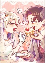 Rule 34 | 1boy, 1girl, angelica (project moon), black eyes, black hair, black jacket, black necktie, blue eyes, cake, dress, feeding, flower, food, food on face, fruit, gloves, hair flower, hair ornament, hetero, highres, holding, holding plate, husband and wife, jacket, jewelry, library of ruina, long hair, long sleeves, necklace, necktie, open mouth, pearl necklace, plate, project moon, roland (project moon), strawberry, surumenabe, upper body, very long hair, wedding dress, white dress, white flower, white gloves, white hair, white veil