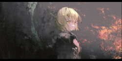 1girl black_background black_coat blonde_hair coat kouka_(mrakano5456) looking_to_the_side medium_hair original shadow solo worried yellow_eyes