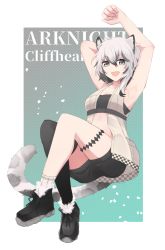 Rule 34 | 1girl, :d, absurdres, animal ears, arknights, armpits, arms up, bandeau, black footwear, black shorts, black thighhighs, breasts, bustier, character name, cliffheart (arknights), commentary request, copyright name, grey eyes, hair between eyes, highres, jacket, leopard ears, leopard tail, looking at viewer, medium breasts, no headwear, open clothes, open jacket, open mouth, partial commentary, shoes, short hair, short shorts, shorts, silver hair, single thighhigh, sleeveless, sleeveless jacket, smile, solo, strapless, tail, thighhighs, tube top, w to n to, white jacket