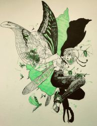 Rule 34 | 1girl, alternate wings, anderson m0311, antennae, asymmetrical wings, bug, butterfly wings, cape, dragonfly wings, fireflies, firefly, full body, green eyes, green hair, highres, bug, arthropod girl, insect wings, limited palette, monochrome, moth wings, multiple wings, open mouth, short hair, simple background, solo, spot color, touhou, white background, wings, wriggle nightbug
