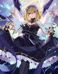 Rule 34 | 3girls, alice margatroid, alternate costume, black dress, black pantyhose, blonde hair, blue eyes, breasts, capelet, cleavage, commentary, dress, falken (yutozin), frilled hairband, frills, gauntlets, hair between eyes, hairband, highres, hourai doll, looking at viewer, medium breasts, multiple girls, pantyhose, revision, shanghai doll, short hair, solo, standing, touhou, white capelet
