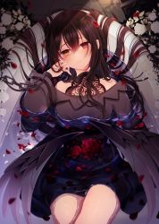 Rule 34 | 1girl, absurdres, bad id, bad pixiv id, bare legs, bare shoulders, bathing, black dress, black hair, black wings, blush, dress, feathered wings, feet out of frame, flower, from above, hair between eyes, hand up, heterochromia, highres, kuro namako, lace, long hair, long sleeves, looking at viewer, lying, off-shoulder dress, off shoulder, original, parted lips, partially submerged, petals, petals on liquid, red eyes, rose, rose petals, solo, very long hair, water, white flower, wide sleeves, wings, yellow eyes