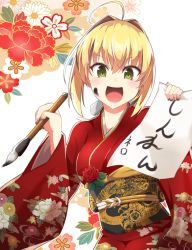 Rule 34 | 10s, 1girl, ahoge, blonde hair, blush, calligraphy, calligraphy brush, fate/extra, fate (series), floral print, green eyes, happy, japanese clothes, kimono, looking at viewer, moninora (moninora83), nero claudius (fate), nero claudius (fate) (all), nero claudius (fate/extra), new year, open mouth, paintbrush, smile, solo, translation request
