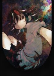 1girl bad_id bad_twitter_id black_hair fang fang_out female_focus grey_horns horns kijin_seija koohee multicolored_hair puffy_short_sleeves puffy_sleeves red_eyes red_hair shirt short_hair short_sleeves skirt solo streaked_hair touhou white_hair white_shirt