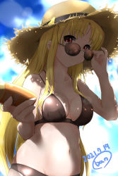 Rule 34 | 1girl, artist name, ban (777purin), bikini, black bikini, blonde hair, blush, breasts, closed mouth, collarbone, dated, fate testarossa, hat, highres, large breasts, long hair, looking at viewer, lyrical nanoha, mahou shoujo lyrical nanoha strikers, navel, red eyes, smile, solo, straw hat, sunglasses, swimsuit, upper body