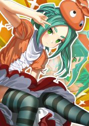 Rule 34 | 1girl, absurdres, aqua hair, aqua thighhighs, black thighhighs, commentary, dress, expressionless, googly eyes, green eyes, hat, highres, hikimayu, light blush, long hair, looking at viewer, monogatari (series), multiple views, ononoki yotsugi, orange background, orange dress, orange headwear, outline, pointy ears, puffy short sleeves, puffy sleeves, salute, short eyebrows, short sleeves, sitting, skindentation, striped clothes, striped thighhighs, thick eyebrows, thighhighs, twintails, two-tone legwear, v, v over eye, white outline, yellow background, zyaki