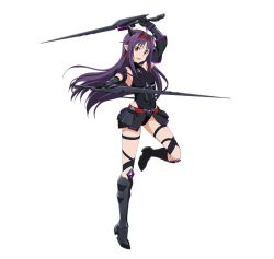 Rule 34 | 1girl, :d, accel world, ahoge, arm up, armor, armored boots, black footwear, black gloves, black leotard, boots, breasts, cosplay, covered navel, detached sleeves, dual wielding, earrings, floating hair, full body, gloves, groin, headband, holding, holding sword, holding weapon, jewelry, knee boots, kuroyukihime, kuroyukihime (cosplay), leg up, leotard, long hair, looking at viewer, open mouth, purple hair, red eyes, simple background, small breasts, smile, solo, sword, sword art online, weapon, white background, yuuki (sao)