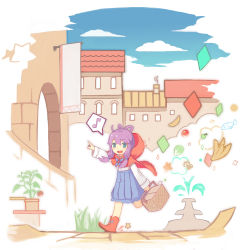 Rule 34 | 1girl, :d, banana, black eyes, carrying, cloud, fish, food, fountain, fruit, hood, lino-lin, little red riding hood, looking at viewer, luo tianyi, musical note, open mouth, picnic basket, plant, pointing, potted plant, purple hair, running, runnint, skirt, sky, smile, solo, spoken musical note, vocaloid