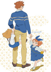 Rule 34 | 1boy, 2girls, age difference, bag, blue bow, blue dress, blue shorts, blue sweater, bow, brown footwear, brown hair, child, dress, glasses, hair bow, highres, long sleeves, multiple girls, original, shadow, shirt, shoes, shorts, shoulder bag, suspenders, sweater, umishima senbon, white shirt, yellow bag, yellow footwear