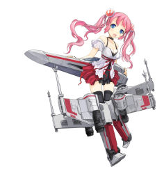 Rule 34 | 1girl, aircraft, airplane, black thighhighs, blue eyes, blush, bow, breasts, choker, cleavage, fighter jet, girl arms, jet, long hair, mecha musume, military, military vehicle, open mouth, personification, pink hair, simple background, solo, spacecraft, spaceplane, star wars, starfighter, t-65 x-wing, thighhighs, twintails, white background, x-wing, zeco