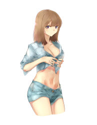 Rule 34 | 1girl, absurdres, blush, breasts, brown eyes, brown hair, cleavage, collarbone, cowboy shot, cropped jacket, denim, denim jacket, denim shorts, hair between eyes, highres, jacket, looking at viewer, medium breasts, midriff, navel, niud, open clothes, open jacket, original, shiny skin, short shorts, shorts, simple background, solo, standing