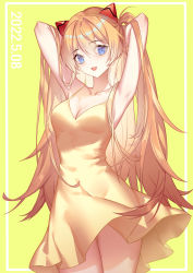 Rule 34 | 1girl, 2022, absurdres, alternate hair length, alternate hairstyle, arms up, artist request, bare arms, bare legs, bare shoulders, blue eyes, breasts, brown hair, cleavage, dated, dress, earrings, hair between eyes, highres, jewelry, long hair, looking at viewer, medium breasts, neon genesis evangelion, sleeveless, sleeveless dress, solo, souryuu asuka langley, sundress, twintails, very long hair, white background, wide hips, yellow background, yellow dress