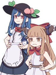 Rule 34 | 2girls, absurdres, black headwear, blue hair, blue ribbon, blue skirt, blush stickers, bow, buttons, closed mouth, collared shirt, fruit hat ornament, hair between eyes, hair bow, hands on own hips, hat, hat ornament, highres, hinanawi tenshi, horn ornament, horn ribbon, horns, ibuki suika, kame (kamepan44231), long hair, multiple girls, one-hour drawing challenge, oni horns, orange eyes, orange hair, peach hat ornament, puffy short sleeves, puffy sleeves, red bow, red eyes, ribbon, shirt, short sleeves, simple background, skirt, smile, torn clothes, torn sleeves, touhou, white background, white shirt