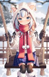 Rule 34 | 1girl, :3, animal hood, bell, black gloves, black thighhighs, blue eyes, blue hair, blue skirt, blurry, blurry background, blush, boots, day, depth of field, fang, fang out, fur-trimmed gloves, fur trim, gawr gura, gloves, hair ornament, highres, holding, holding rope, hololive, hololive english, hood, hood up, hooded sweater, jingle bell, knee boots, kuri (animejpholic), long hair, long sleeves, looking at viewer, multicolored hair, outdoors, plaid, plaid skirt, red scarf, rope, scarf, signature, silver hair, skin fang, skirt, snow, solo, streaked hair, sweater, swing, thighhighs, thighhighs under boots, virtual youtuber, white sweater
