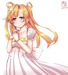 Rule 34 | 1girl, abukuma (kancolle), bead bracelet, beads, bishoujo senshi sailor moon, blonde hair, blue eyes, bracelet, cosplay, cowboy shot, crescent, crescent facial mark, dated, double bun, dress, facial mark, forehead mark, hair rings, hands on own chest, highres, jewelry, kanon (kurogane knights), kantai collection, logo, long hair, look-alike, looking at viewer, princess serenity, princess serenity (cosplay), simple background, smile, solo, strapless, strapless dress, trait connection, white background, white dress