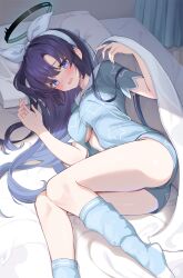 Rule 34 | 1girl, absurdres, alternate costume, blanket, blue archive, blue shirt, blue shorts, blue socks, blush, commentary request, etesumsom, hairband, halo, highres, indoors, kneehighs, long hair, looking at viewer, lying, on bed, on side, parted lips, pillow, purple eyes, purple hair, shirt, shorts, socks, solo, thighs, white hairband, yuuka (blue archive)