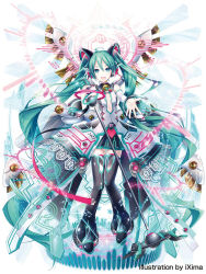 Rule 34 | 1girl, :d, absurdly long hair, alternate costume, aqua eyes, aqua hair, artist name, bare shoulders, bell, black skirt, black thighhighs, boots, breasts, center opening, detached sleeves, full body, hatsune miku, headgear, ixima, jingle bell, long hair, long sleeves, looking at viewer, magician wiz (game), microphone, open mouth, outstretched arms, shirt, skirt, sleeveless, sleeveless shirt, small breasts, smile, solo, thigh boots, thighhighs, twintails, very long hair, vocaloid, zettai ryouiki