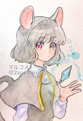 Rule 34 | 1girl, 2zuz4hru, animal ears, capelet, collared shirt, grey hair, grey shirt, jewelry, mouse ears, mouse tail, nazrin, necklace, painting (medium), portrait, red eyes, shirt, short hair, solo, tail, touhou, traditional media, watercolor (medium)