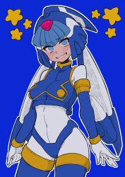 Rule 34 | 1girl, absurdres, android, armor, blue armor, blue background, blue eyes, blue helmet, blue sleeves, blue vest, blush, bodysuit, boots, breasts, buzzlyears, covered navel, cowboy shot, crop top, crotch plate, detached sleeves, fairy leviathan (mega man), forehead jewel, helmet, highres, looking at viewer, medium breasts, mega man (series), mega man zero (series), nervous smile, sharp teeth, simple background, smile, solo, star (symbol), teeth, thigh boots, vest, white bodysuit