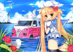 Rule 34 | 1girl, bad id, bad pixiv id, bird, blonde hair, blush, bow, cloud, day, duji amo, flower, food, green eyes, hair bow, hat, hibiscus, highres, holding, lighthouse, long hair, looking at viewer, motor vehicle, no pants, ocean, original, partially submerged, popsicle, sailor hat, school swimsuit, school uniform, seagull, serafuku, sky, solo, swimsuit, swimsuit under clothes, twintails, usagihime, van, vehicle, water