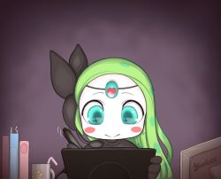 Rule 34 | 1girl, blue eyes, book, closed mouth, commentary, creatures (company), cup, drawing, drawing tablet, drinking straw, english commentary, eye reflection, game freak, gen 5 pokemon, green hair, highres, holding, holding stylus, kionant, legendary pokemon, long hair, meloetta, meloetta (aria), mythical pokemon, nintendo, pokemon, pokemon (creature), reflection, solo, stylus