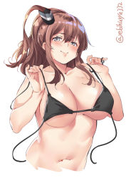 Rule 34 | 1girl, bare shoulders, bikini, bikini top only, black bikini, blush, breasts, brown hair, cleavage, closed mouth, collarbone, commentary request, ebifurya, grey eyes, hair between eyes, hat, headgear, highres, holding, kantai collection, large breasts, long hair, looking at viewer, navel, one-hour drawing challenge, saratoga (kancolle), sidelocks, simple background, smile, solo, standing, string bikini, swimsuit, undressing, white background