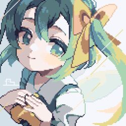 Rule 34 | 1girl, ahiru tokotoko, ascot, bow, closed mouth, daiyousei, fairy wings, green eyes, green hair, hair bow, looking at viewer, medium hair, own hands together, pixel art, short sleeves, side ponytail, smile, solo, touhou, upper body, wings, yellow ascot, yellow bow