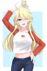 Rule 34 | 10s, 2girls, ahoge, alternate costume, american flag, anchor symbol, bad id, bad twitter id, blonde hair, blush, denim, fairy (kancolle), flag print, hand on own hip, hat, iowa (kancolle), jeans, kantai collection, long sleeves, looking at viewer, midriff, morinaga miki, multiple girls, navel, no headgear, one eye closed, open mouth, pants, round teeth, sailor hat, shirt, short sleeves, smile, star-shaped pupils, star (symbol), symbol-shaped pupils, t-shirt, teeth