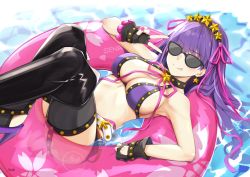Rule 34 | 1girl, bad id, bad twitter id, bare shoulders, bb (fate), bb (fate) (all), bb (swimsuit mooncancer) (fate), bb (swimsuit mooncancer) (second ascension) (fate), bee doushi, belt, belt buckle, bikini, blush, breasts, buckle, choker, cleavage, fate/grand order, fate (series), fingerless gloves, floating, gloves, hair between eyes, hairband, heart, heart-shaped pupils, highres, large breasts, long hair, looking at viewer, midriff, nail polish, one eye closed, purple hair, sleeveless, solo, sunglasses, swimsuit, symbol-shaped pupils, thighhighs, tongue, tongue out, water
