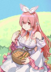 Rule 34 | 1girl, atelier live, bare shoulders, blue sky, braid, breasts, cleavage, commentary request, commission, cookie, detached sleeves, dress, eating, floral print, food, frilled dress, frills, hair between eyes, hair ribbon, highres, holding, holding cookie, holding food, indie virtual youtuber, jewelry, jun (navigavi), large breasts, long hair, looking at viewer, neck ribbon, outdoors, pendant, picnic basket, pink hair, pinku (vtuber), red eyes, red ribbon, ribbon, ribbon-trimmed sleeves, ribbon trim, sandwich, signature, sitting, skeb commission, sky, solo, sparkling eyes, virtual youtuber, white dress, white ribbon