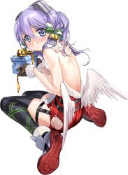 Rule 34 | 1girl, ass, back, black gloves, blue eyes, box, christmas, dress, fake wings, flat chest, full body, fur-trimmed dress, fur trim, gift, gift box, gloves, hair ornament, hair ribbon, kantai collection, langley (kancolle), looking at viewer, medium hair, official art, purple hair, red dress, ribbon, sad, santa costume, sleeveless, smile, solo, star (symbol), wings, zeco
