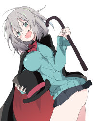 Rule 34 | 1girl, :d, black hat, black skirt, blush, bow, bowtie, breasts, cape, fang, green eyes, grey hair, hair between eyes, hat, ixy, large breasts, long sleeves, looking at viewer, open mouth, pleated skirt, red bow, red bowtie, short hair, simple background, skirt, smile, solo, tejina senpai, tejina senpai (series), thighs, top hat, unworn hat, unworn headwear, white background