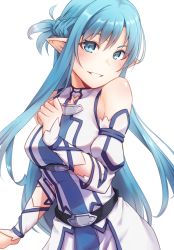 Rule 34 | 1girl, asuna (sao), asuna (sao-alo), bare shoulders, blue dress, blue eyes, blue hair, braid, detached sleeves, dress, french braid, long hair, looking at viewer, parted lips, rei k 79, shiny skin, short ponytail, sleeveless, sleeveless dress, smile, solo, sword art online, two-tone dress, upper body, white background, white dress, white sleeves